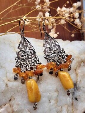 Genuine Baltic Amber Sterling Silver 925 Chandeliers Earrings Amber Jewelry